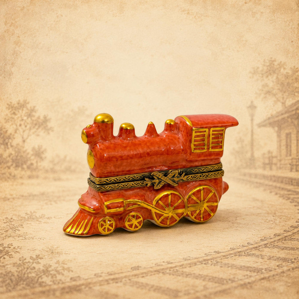 Limoges France red locomotive train trinket box