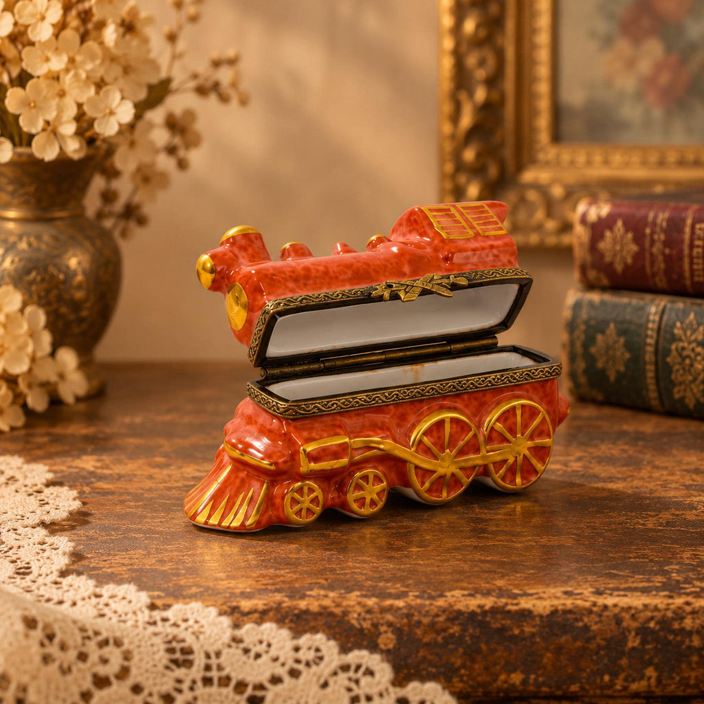 Limoges France red locomotive train trinket box