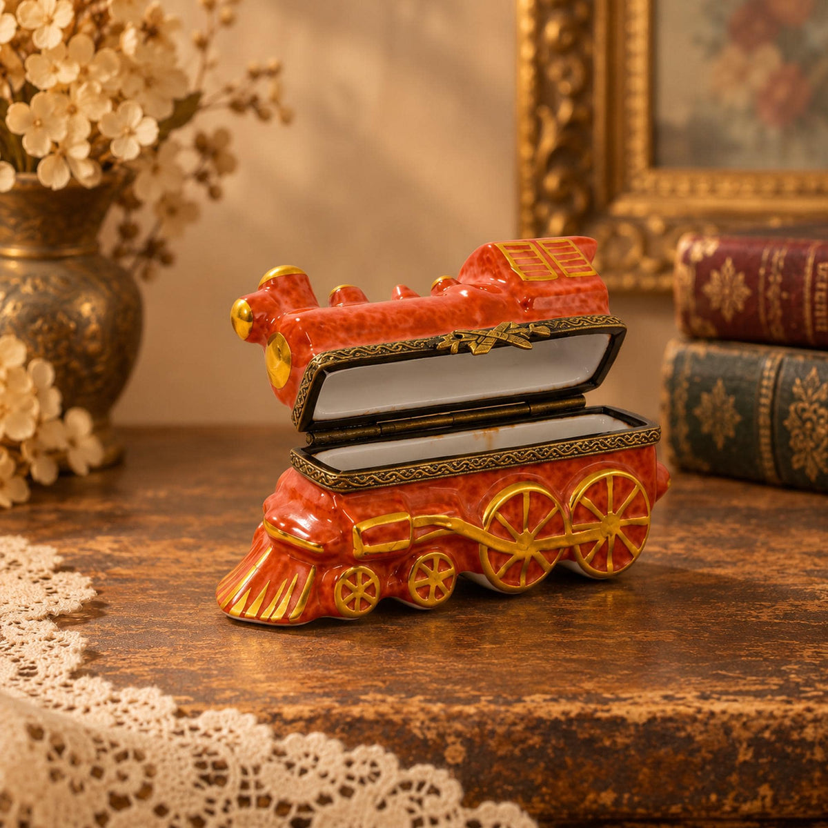 Limoges France red locomotive train trinket box