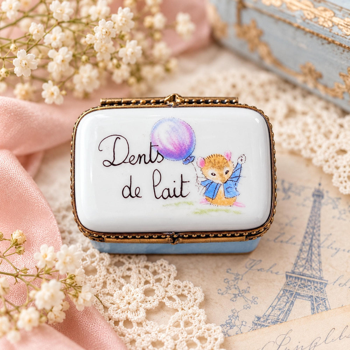 Limoges France Dents de Lait tooth fairy keepsake box, mouse and balloon porcelain trinket box