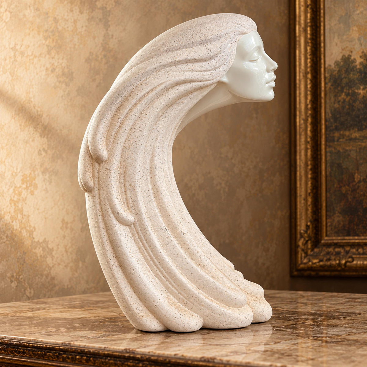 Woman in the wind ivory ceramic sculpture with flowing hair, Art Deco revival female bust