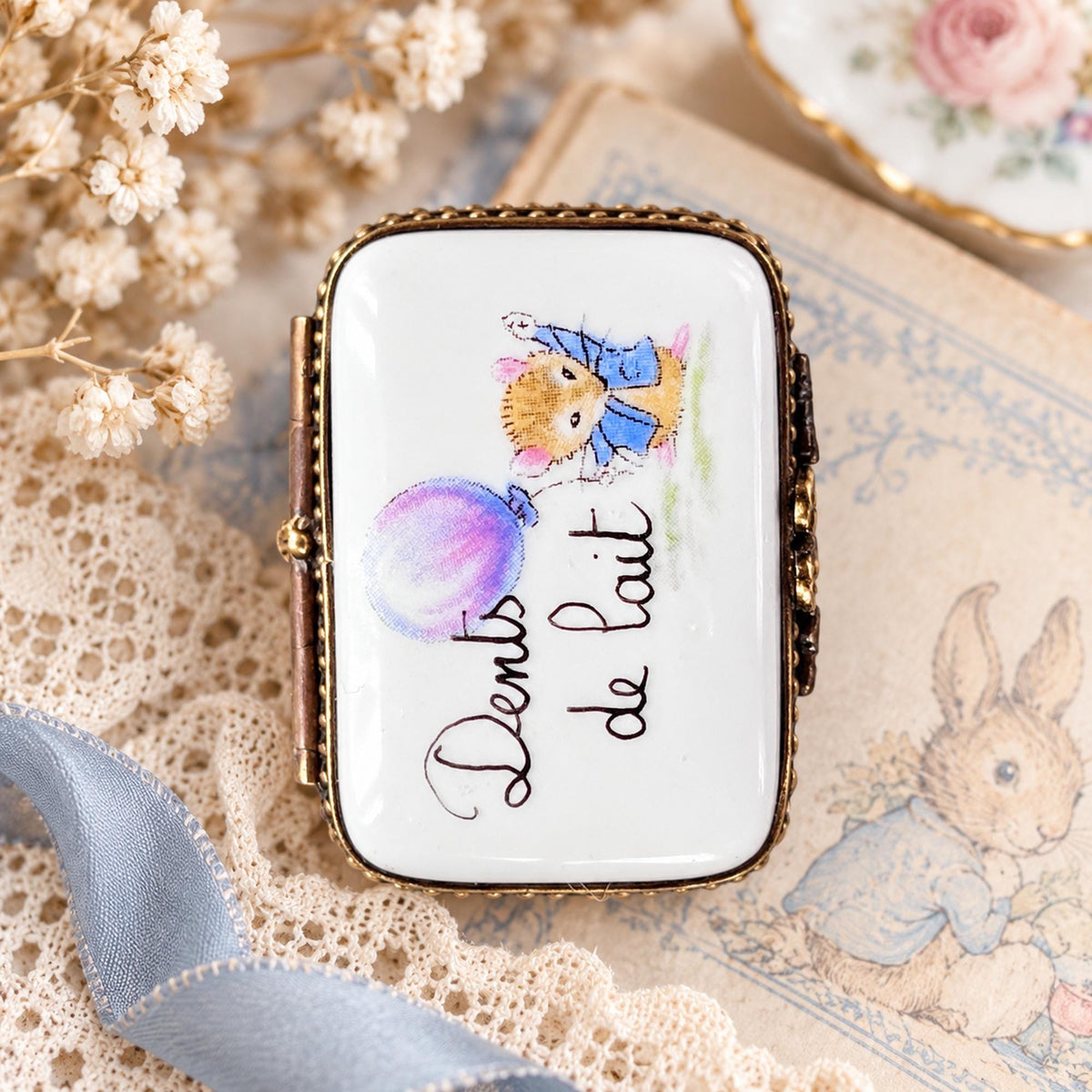 Limoges France Dents de Lait tooth fairy keepsake box, mouse and balloon porcelain trinket box