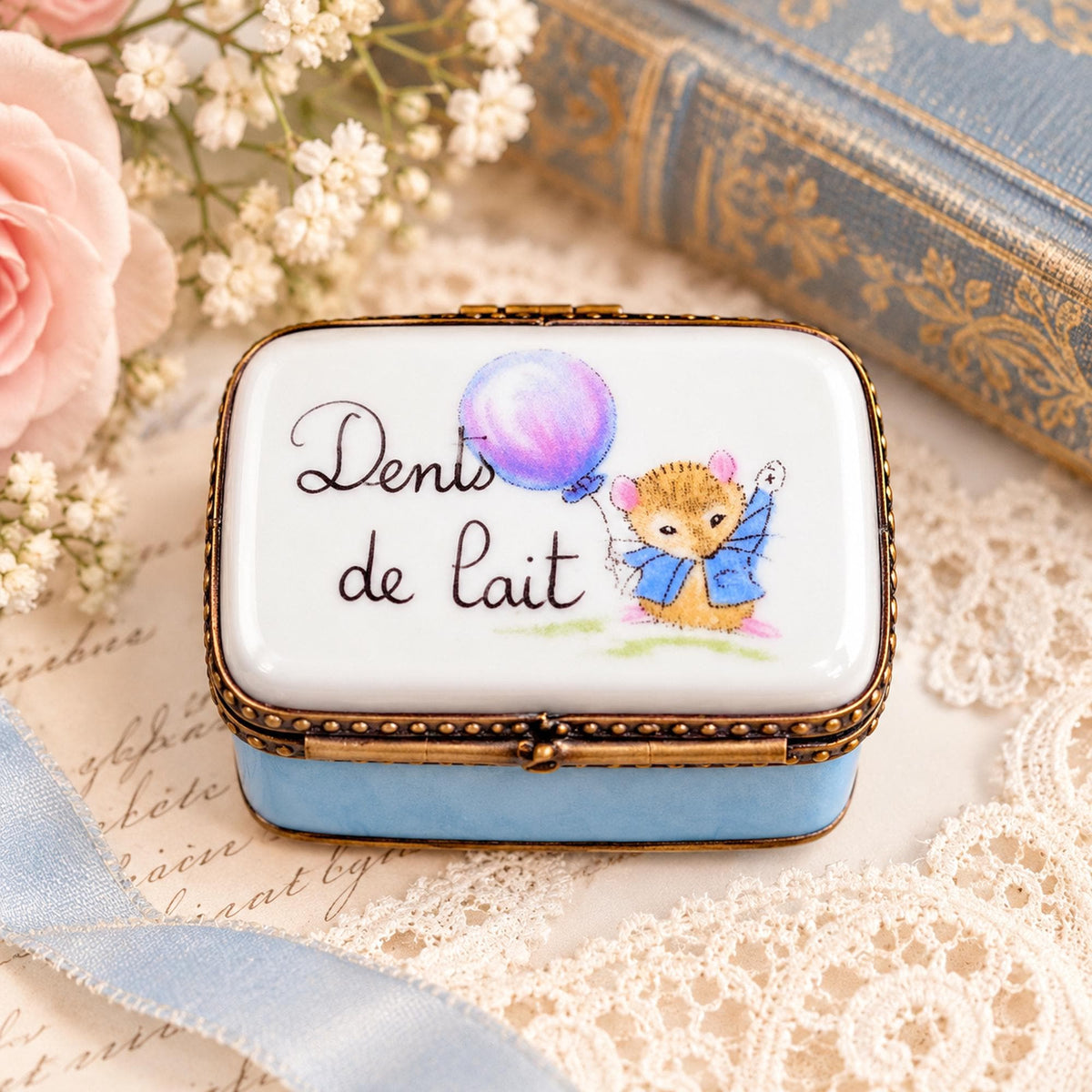 Limoges France Dents de Lait tooth fairy keepsake box, mouse and balloon porcelain trinket box
