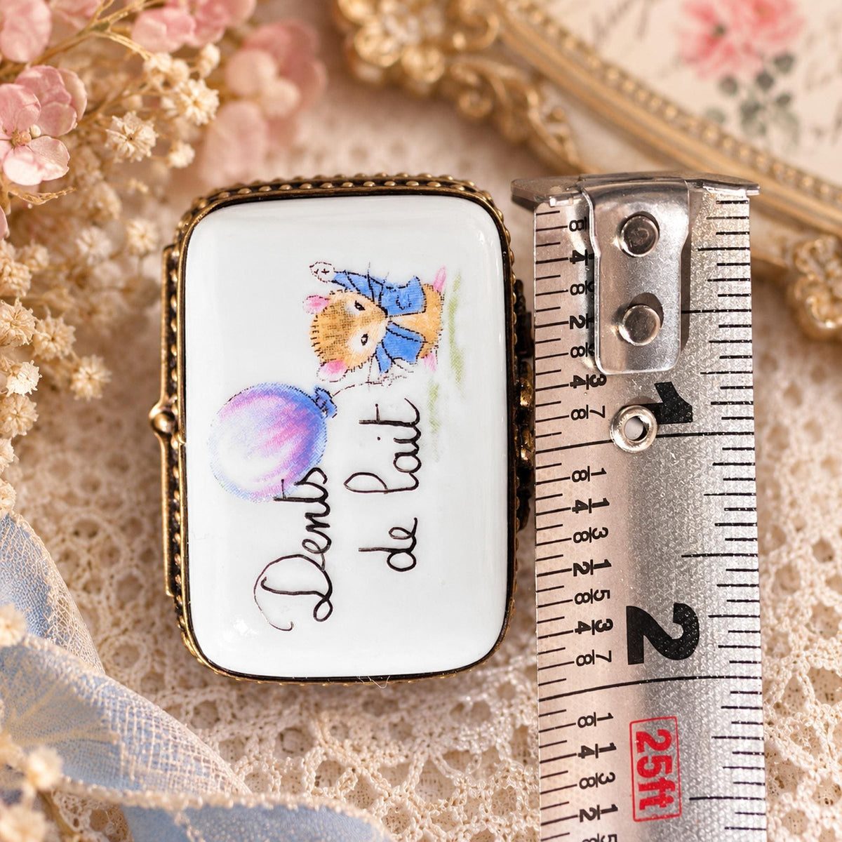 Limoges France Dents de Lait tooth fairy keepsake box, mouse and balloon porcelain trinket box