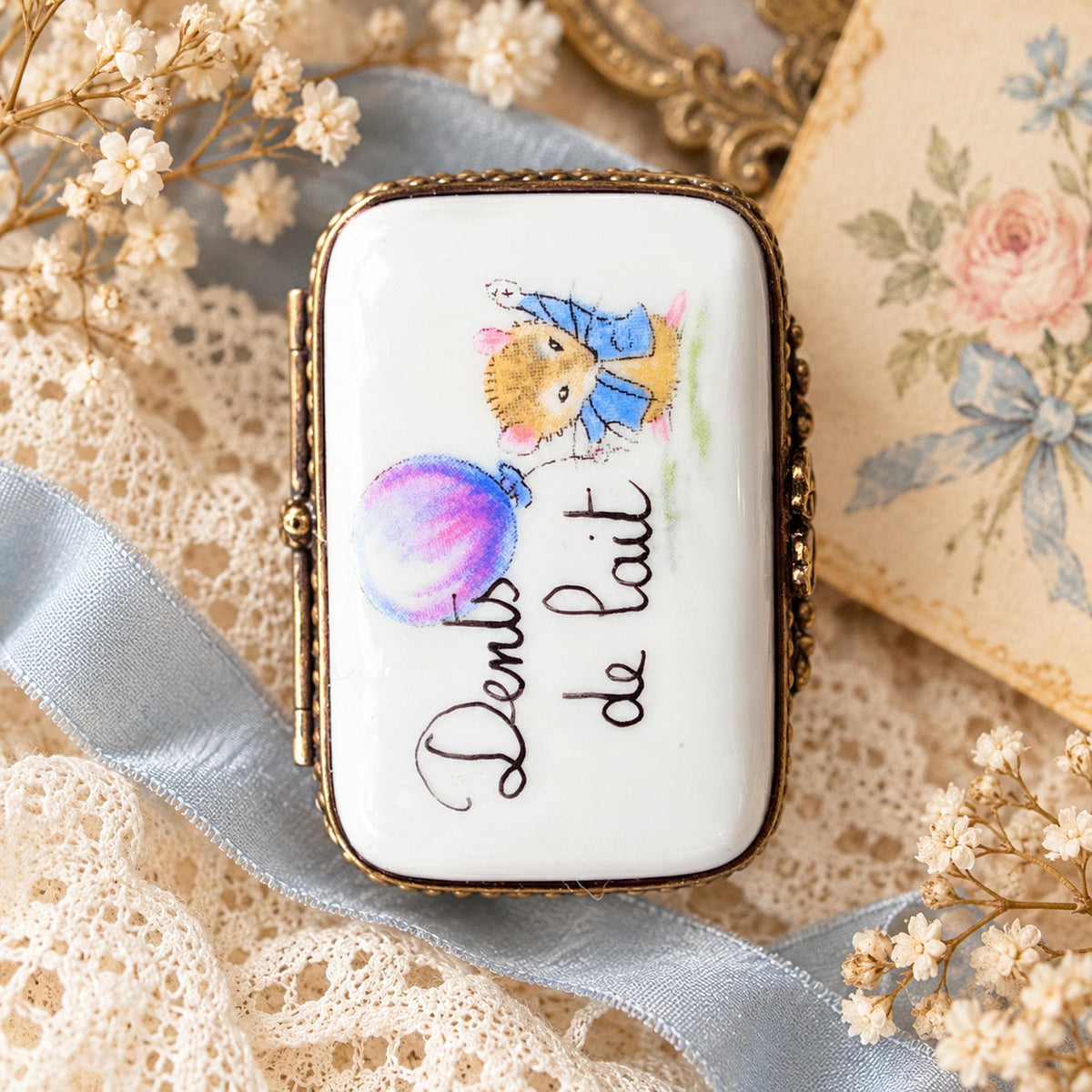 Limoges France Dents de Lait tooth fairy keepsake box, mouse and balloon porcelain trinket box