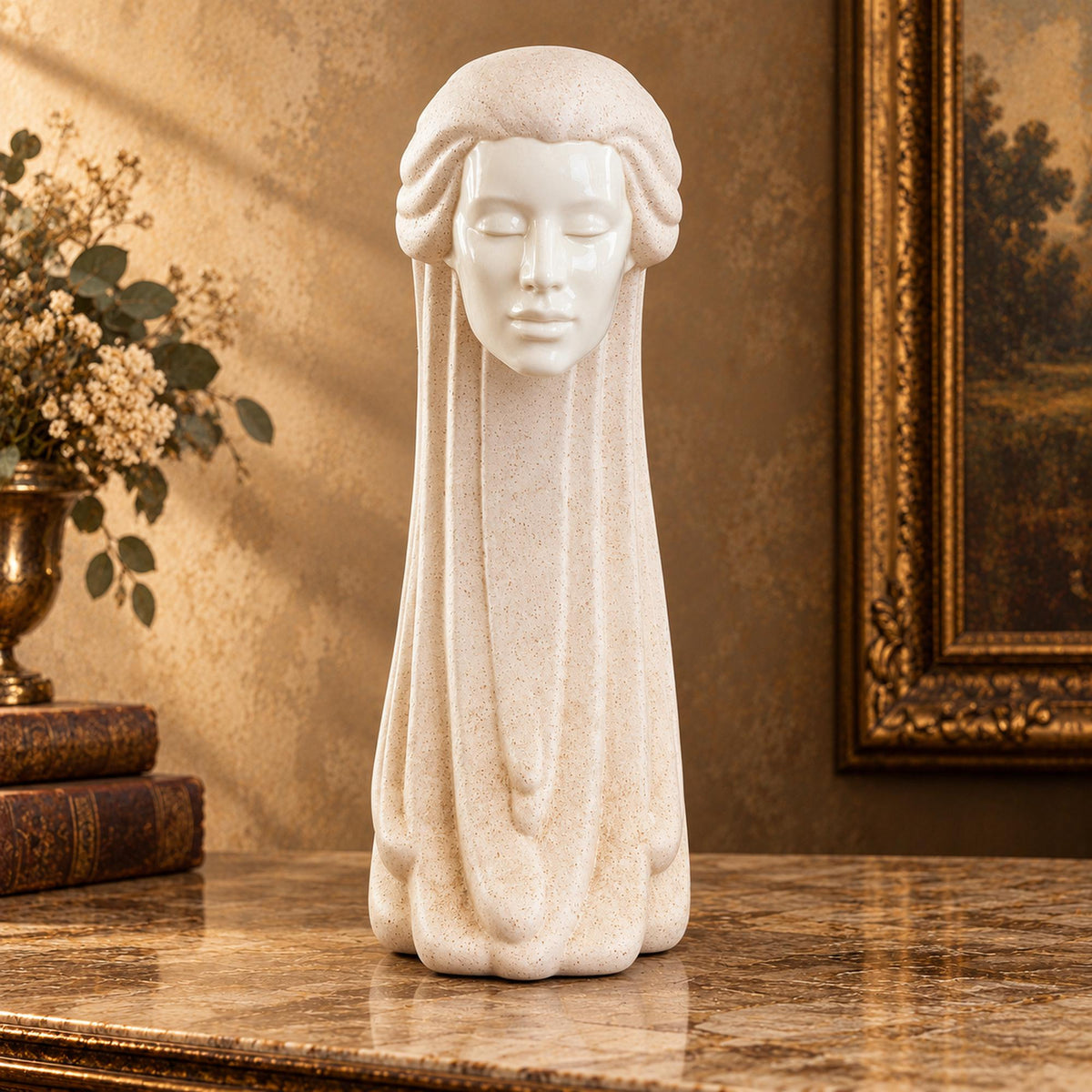 Woman in the wind ivory ceramic sculpture with flowing hair, Art Deco revival female bust