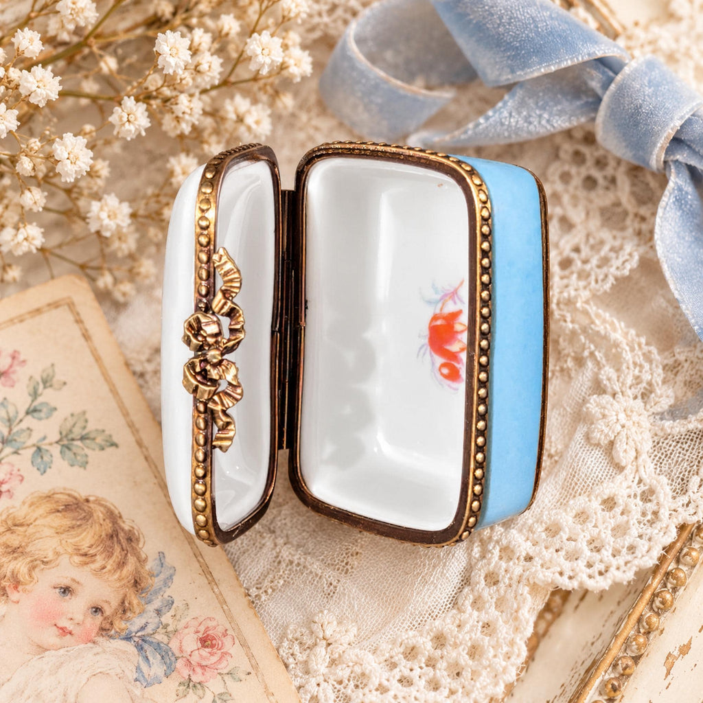 Limoges France Dents de Lait tooth fairy keepsake box, mouse and balloon porcelain trinket box