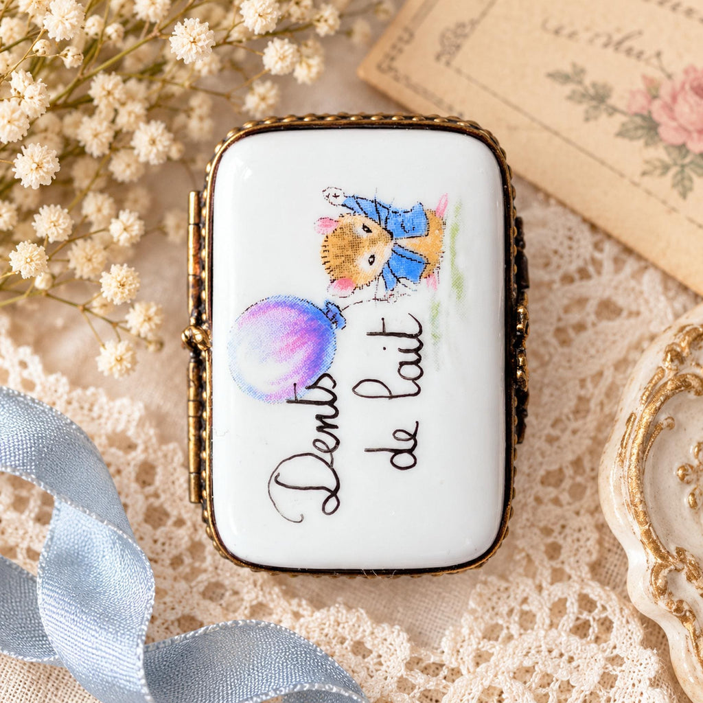 Limoges France Dents de Lait tooth fairy keepsake box, mouse and balloon porcelain trinket box