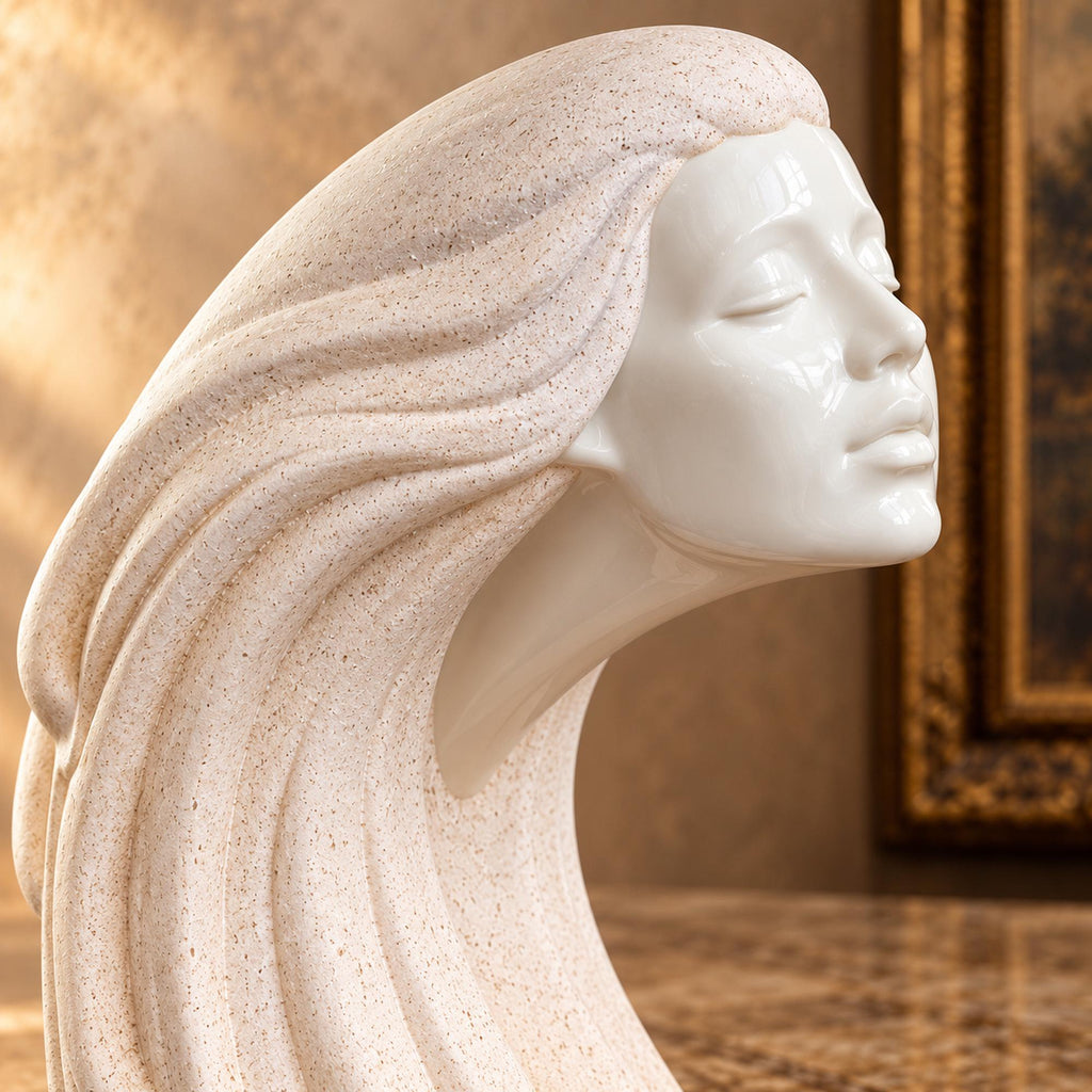 Woman in the wind ivory ceramic sculpture with flowing hair, Art Deco revival female bust