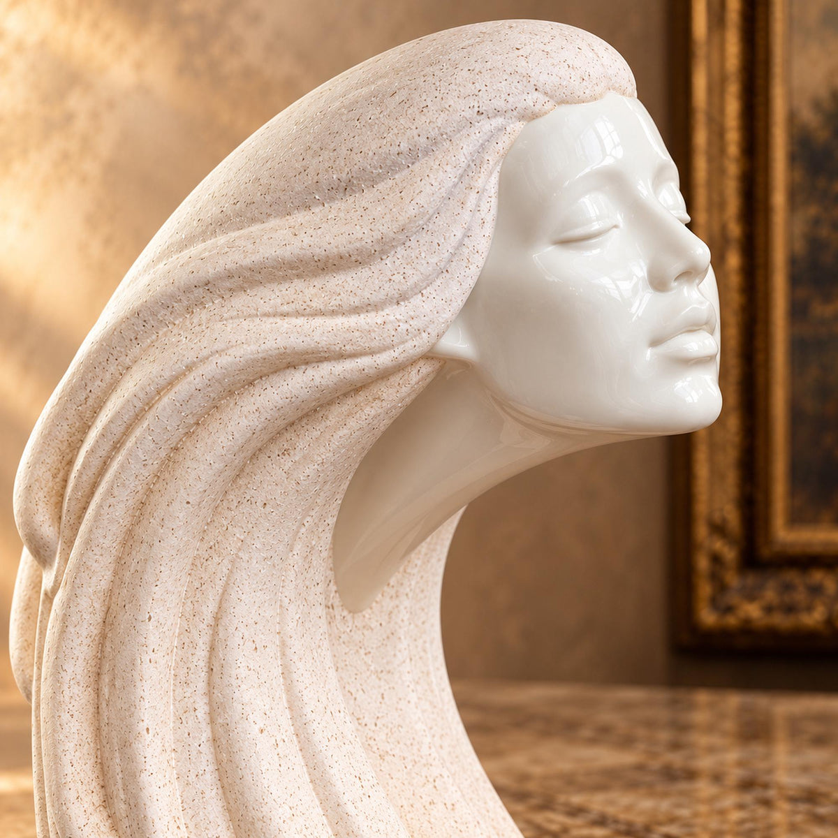 Woman in the wind ivory ceramic sculpture with flowing hair, Art Deco revival female bust