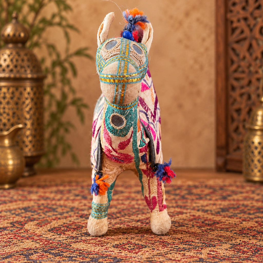 Embroidered Indian fabric camel figurine with blue beads, colorful tassels and bohemian folk art details
