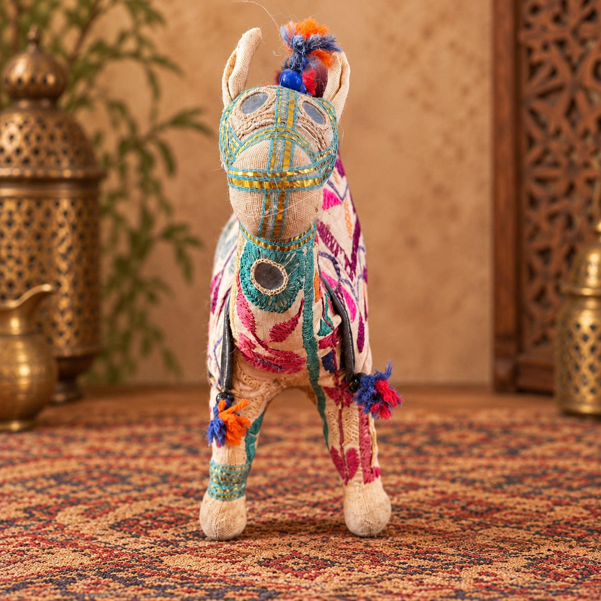 Embroidered Indian fabric camel figurine with blue beads, colorful tassels and bohemian folk art details