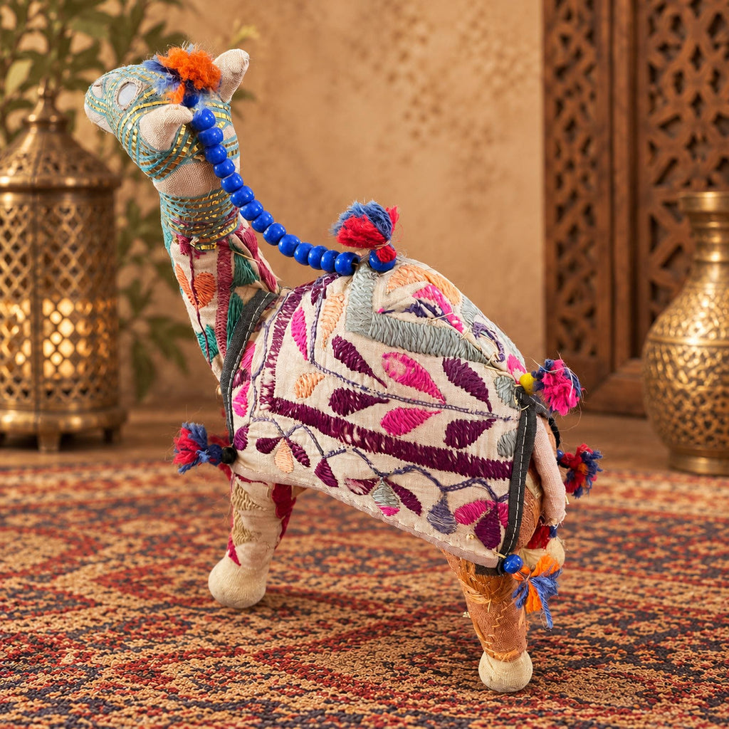 Embroidered Indian fabric camel figurine with blue beads, colorful tassels and bohemian folk art details