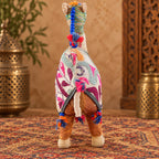 Embroidered Indian fabric camel figurine with blue beads, colorful tassels and bohemian folk art details