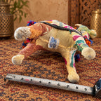 Embroidered Indian fabric camel figurine with blue beads, colorful tassels and bohemian folk art details