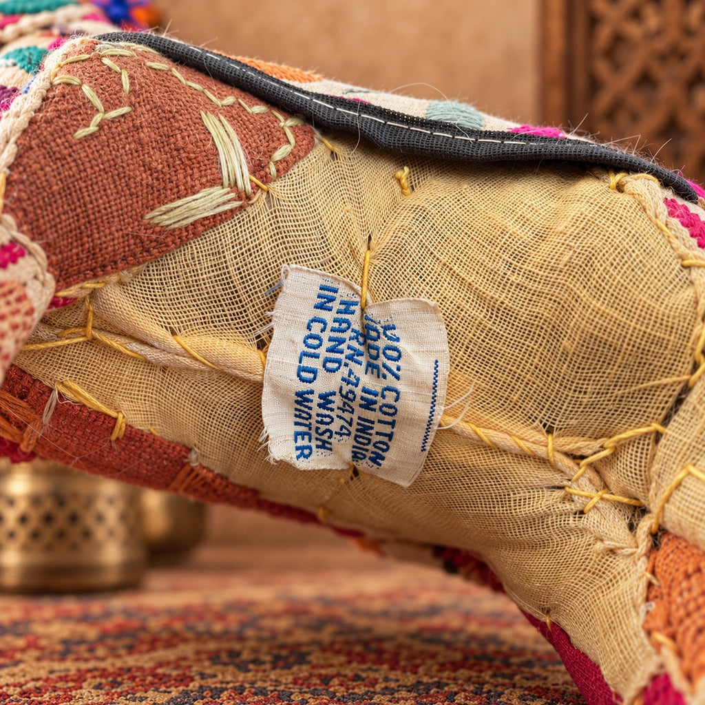 Embroidered Indian fabric camel figurine with blue beads, colorful tassels and bohemian folk art details