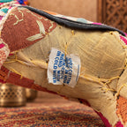 Embroidered Indian fabric camel figurine with blue beads, colorful tassels and bohemian folk art details