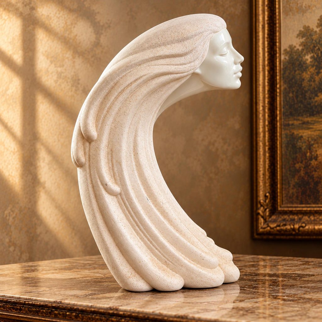 Woman in the wind ivory ceramic sculpture with flowing hair, Art Deco revival female bust