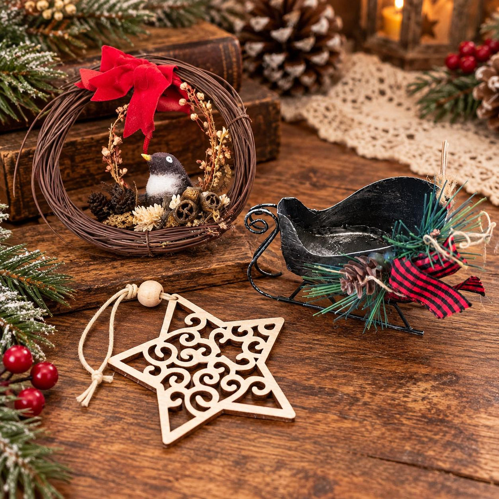 Rustic Christmas Collection, twig bird wreath, miniature black metal sleigh and star ornament