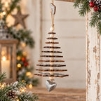 Rustic snowflake Christmas tree hanging decor with silver heart charm and wooden beads