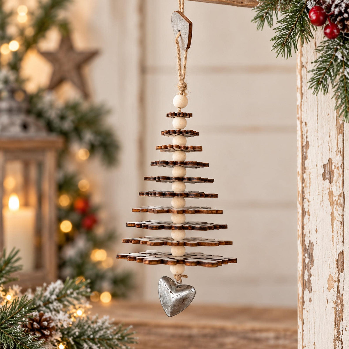 Rustic snowflake Christmas tree hanging decor with silver heart charm and wooden beads