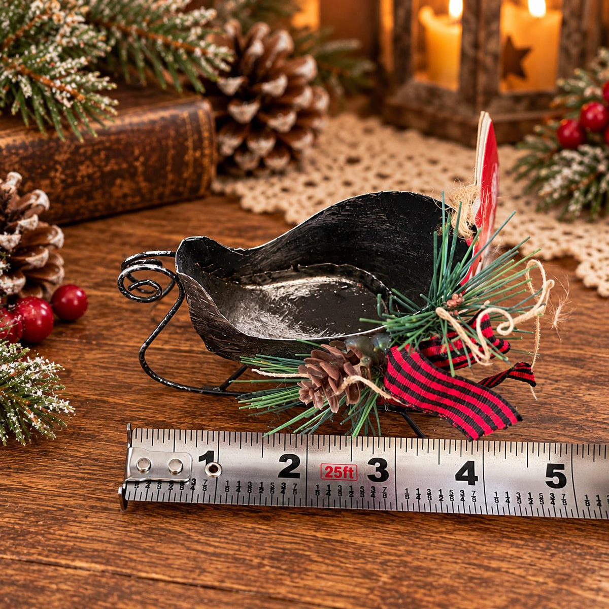 Rustic Christmas Collection, twig bird wreath, miniature black metal sleigh and star ornament