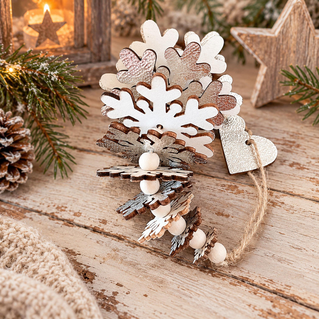 Rustic snowflake Christmas tree hanging decor with silver heart charm and wooden beads