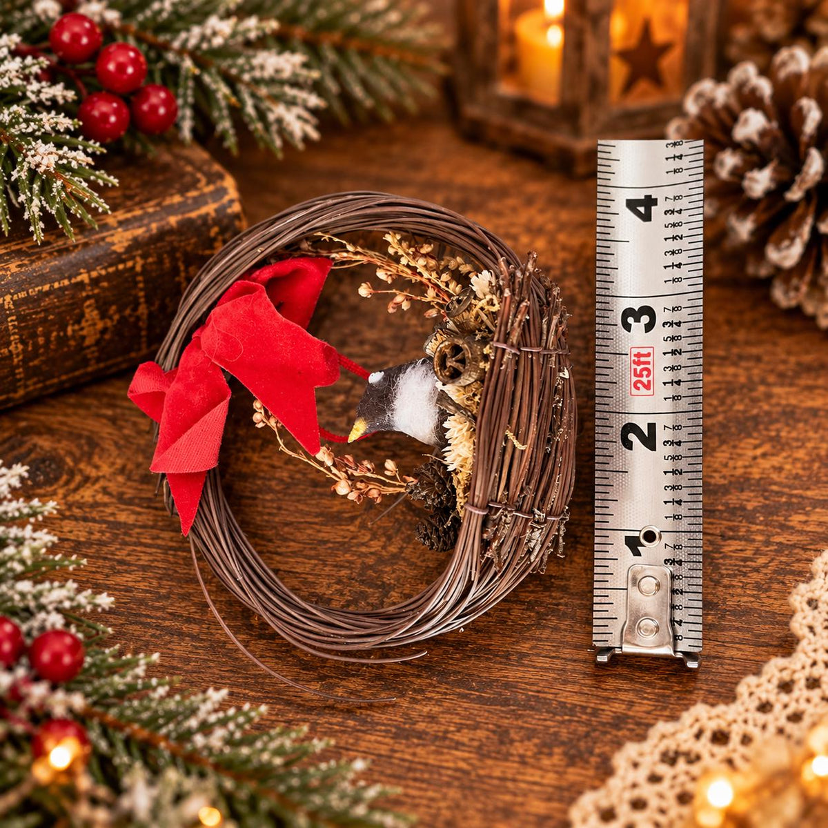 Rustic Christmas Collection, twig bird wreath, miniature black metal sleigh and star ornament