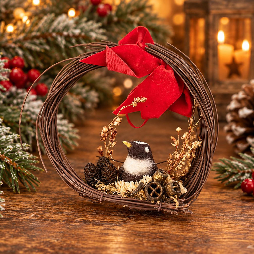 Rustic Christmas Collection, twig bird wreath, miniature black metal sleigh and star ornament