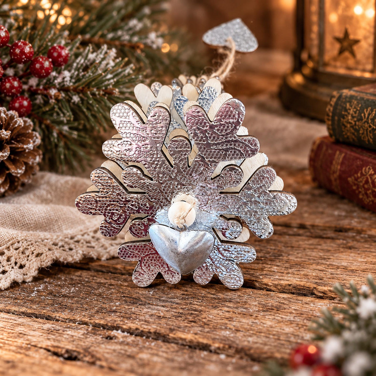 Rustic snowflake Christmas tree hanging decor with silver heart charm and wooden beads