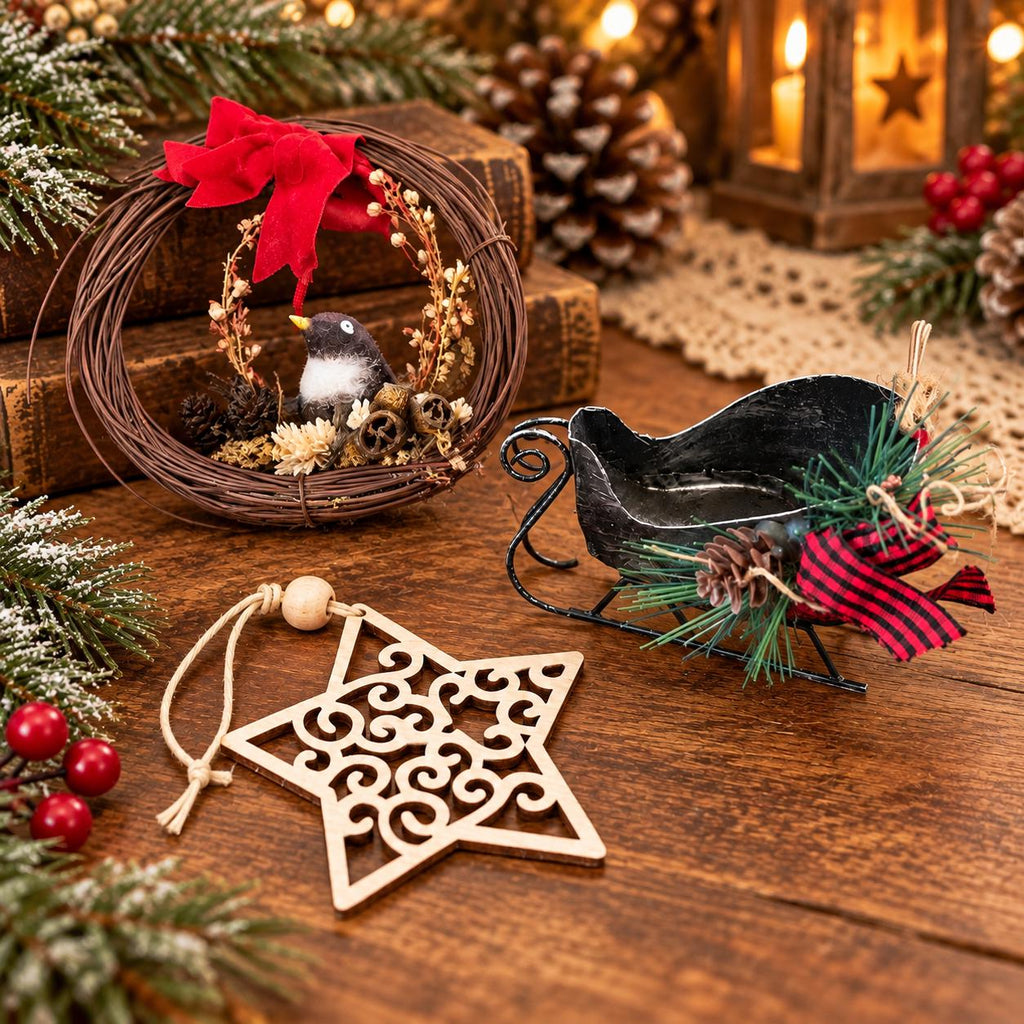 Rustic Christmas Collection, twig bird wreath, miniature black metal sleigh and star ornament