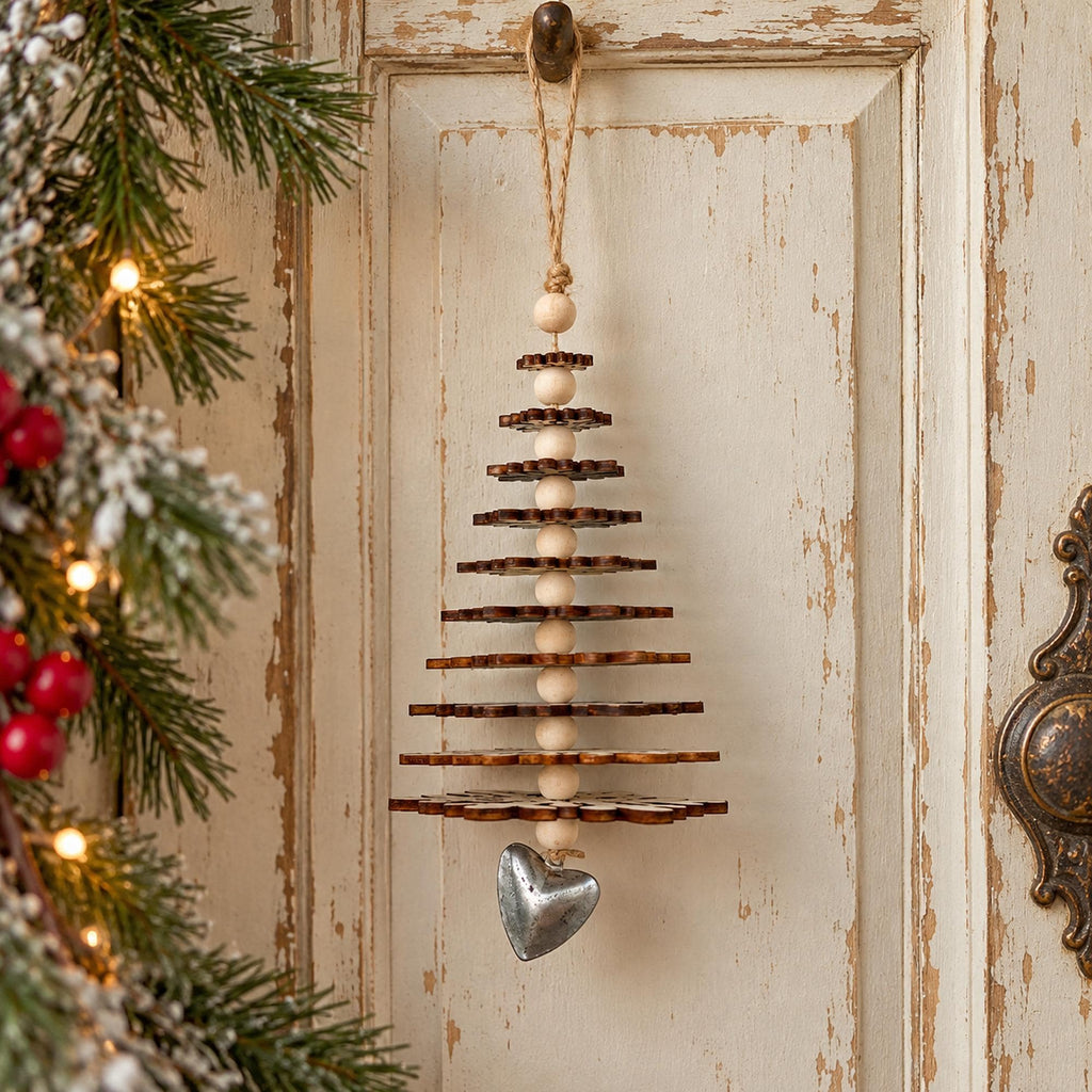 Rustic snowflake Christmas tree hanging decor with silver heart charm and wooden beads