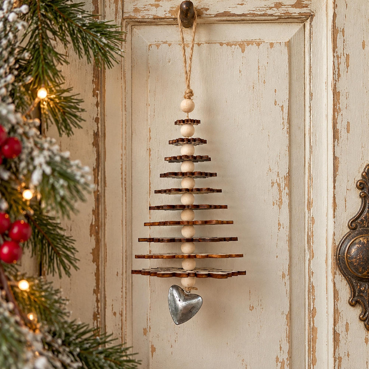 Rustic snowflake Christmas tree hanging decor with silver heart charm and wooden beads
