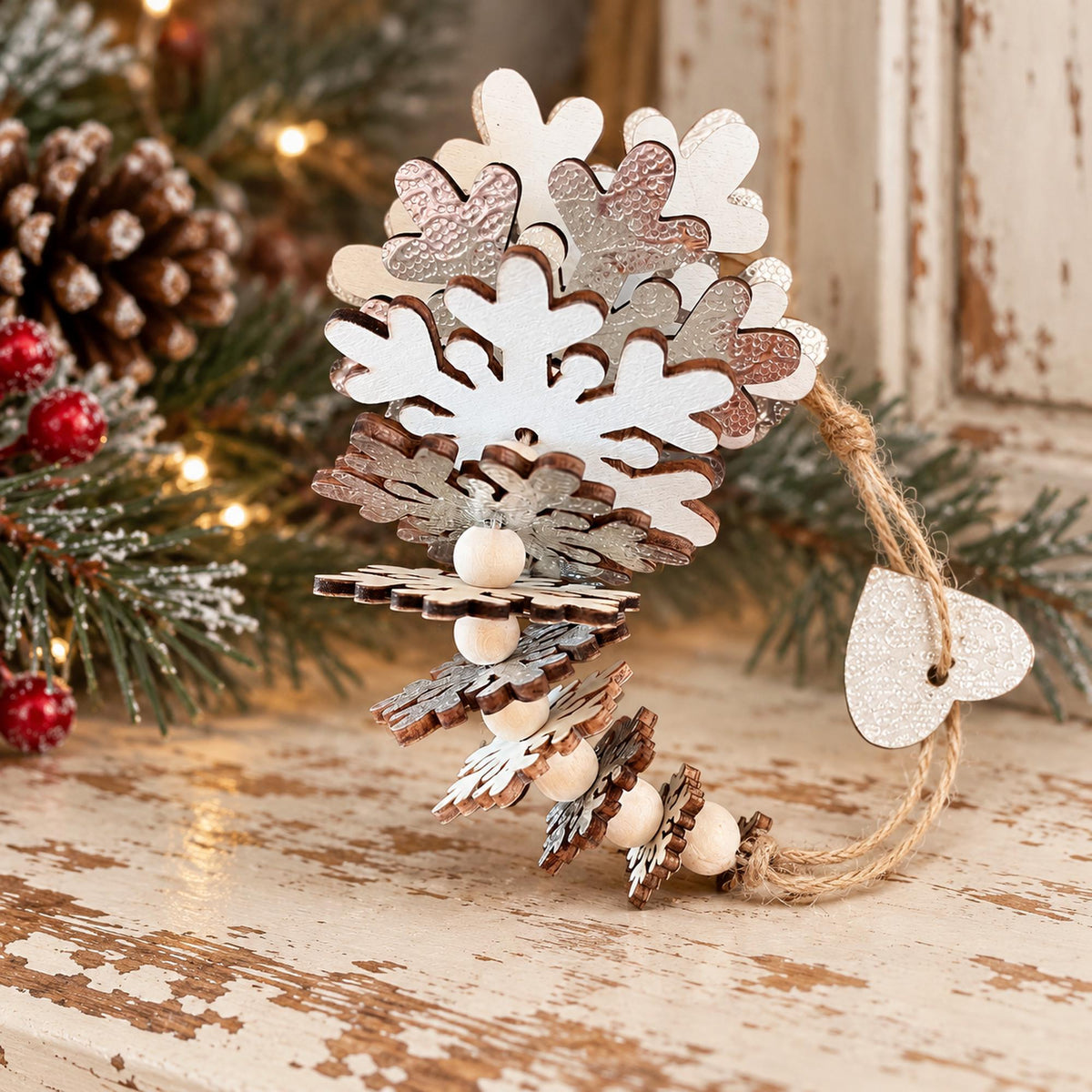 Rustic snowflake Christmas tree hanging decor with silver heart charm and wooden beads