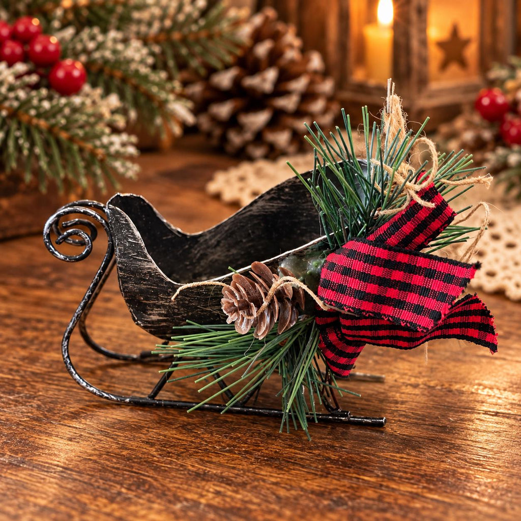 Rustic Christmas Collection, twig bird wreath, miniature black metal sleigh and star ornament