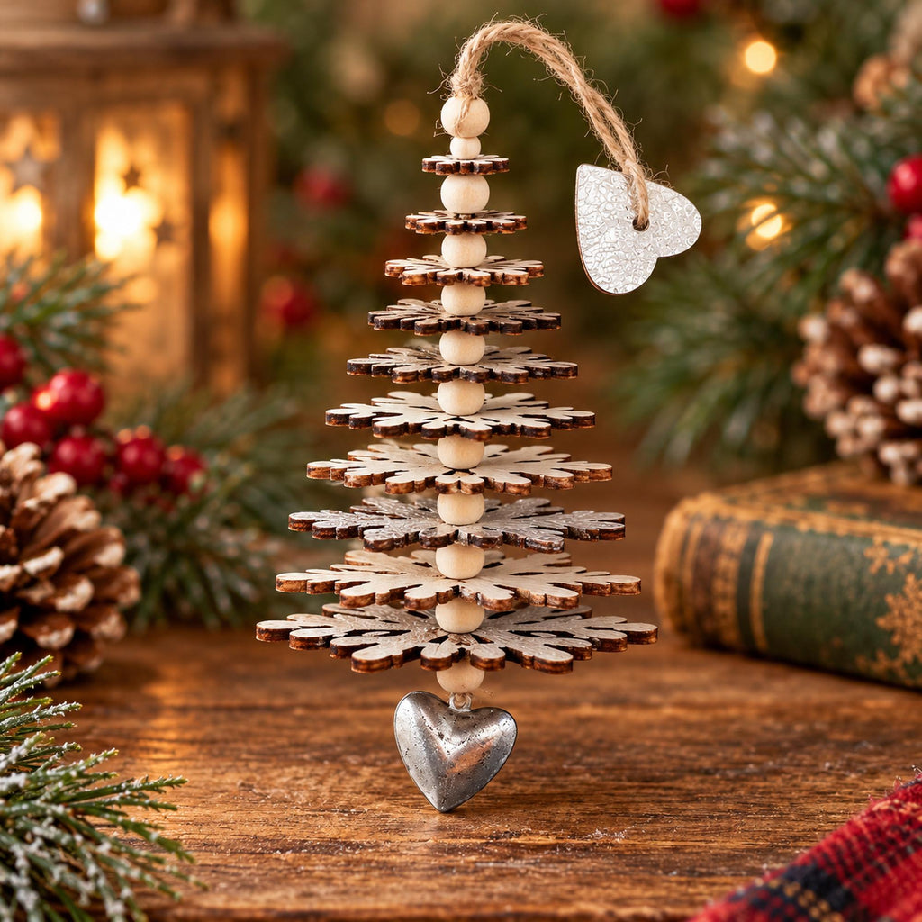 Rustic snowflake Christmas tree hanging decor with silver heart charm and wooden beads