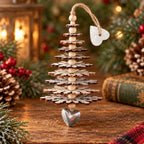 Rustic snowflake Christmas tree hanging decor with silver heart charm and wooden beads