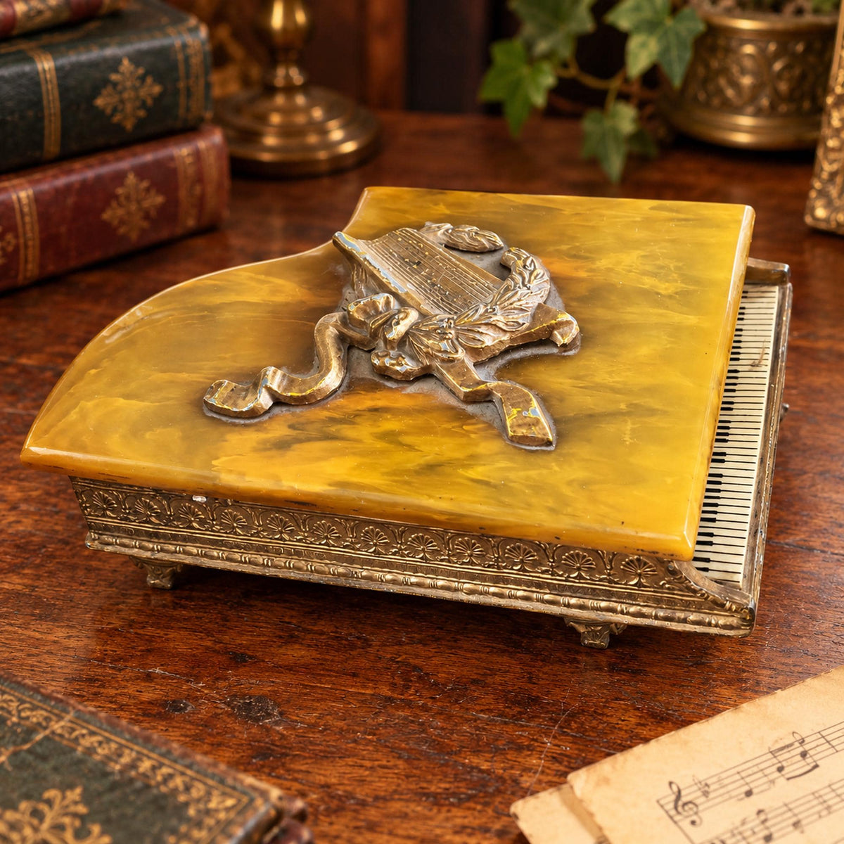 Grand piano music box with amber marbled top, ornate gold-tone detailing and Swiss musical movement