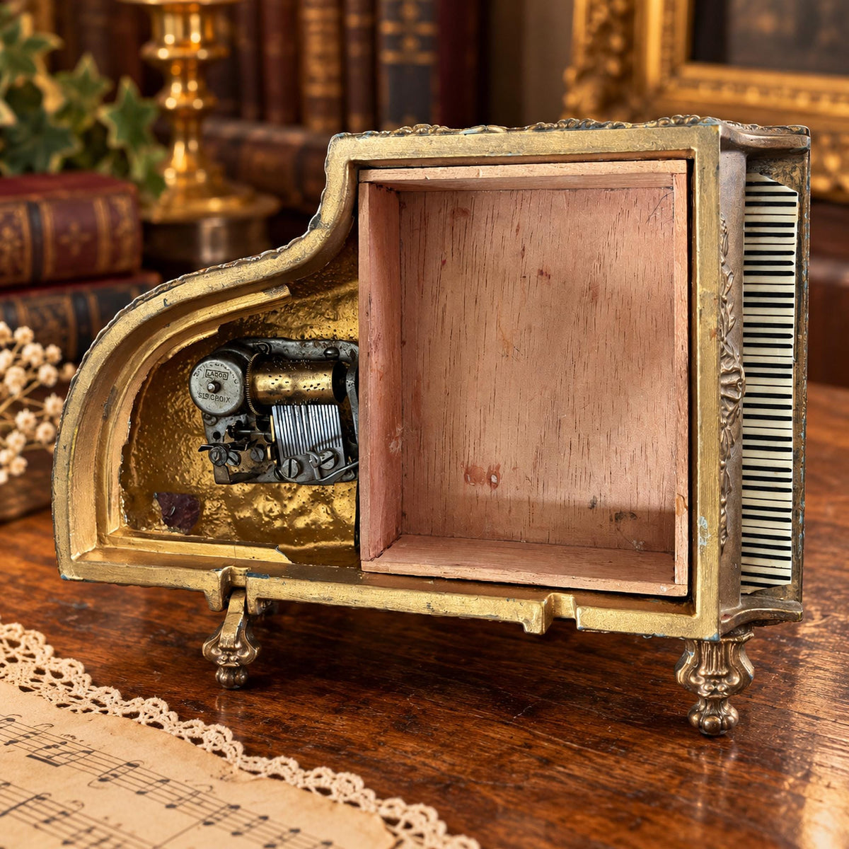 Grand piano music box with amber marbled top, ornate gold-tone detailing and Swiss musical movement