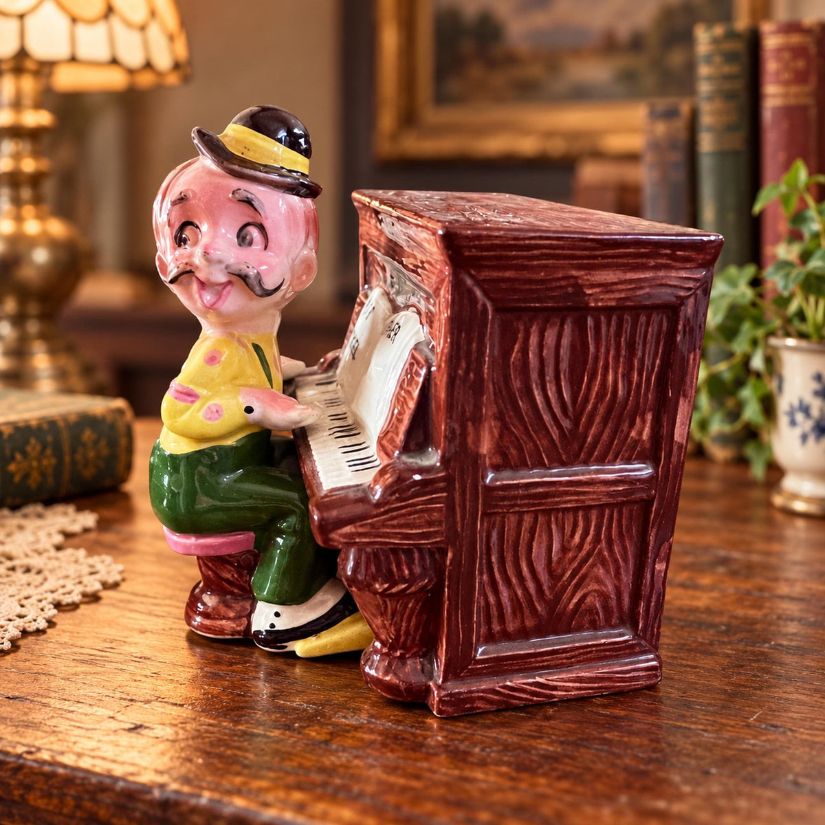Retro ceramic piano player musical coin bank, Put Another Nickel In, Hand-painted novelty collectible