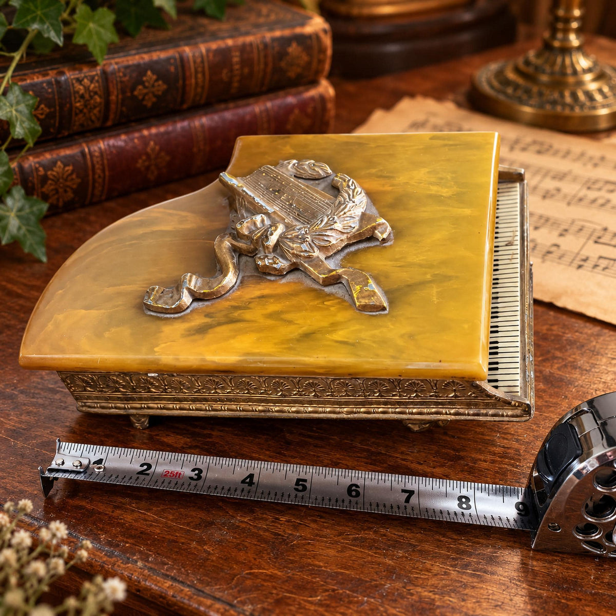 Grand piano music box with amber marbled top, ornate gold-tone detailing and Swiss musical movement