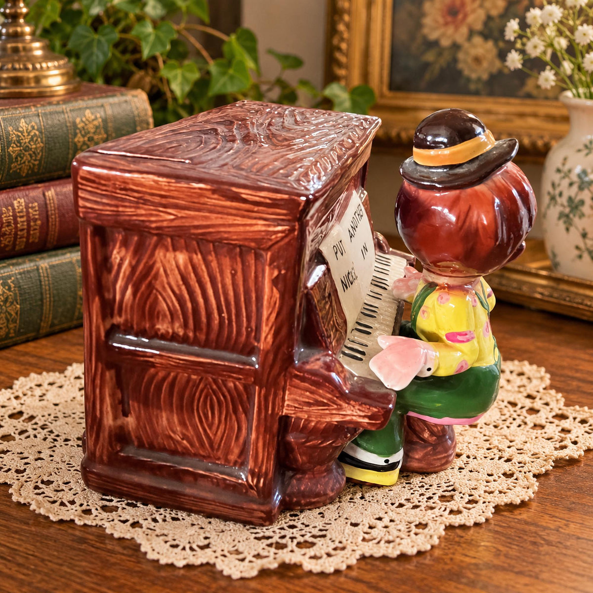 Retro ceramic piano player musical coin bank, Put Another Nickel In, Hand-painted novelty collectible