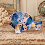 Hand crafted pottery fish sculpture with marbled blue and white glaze