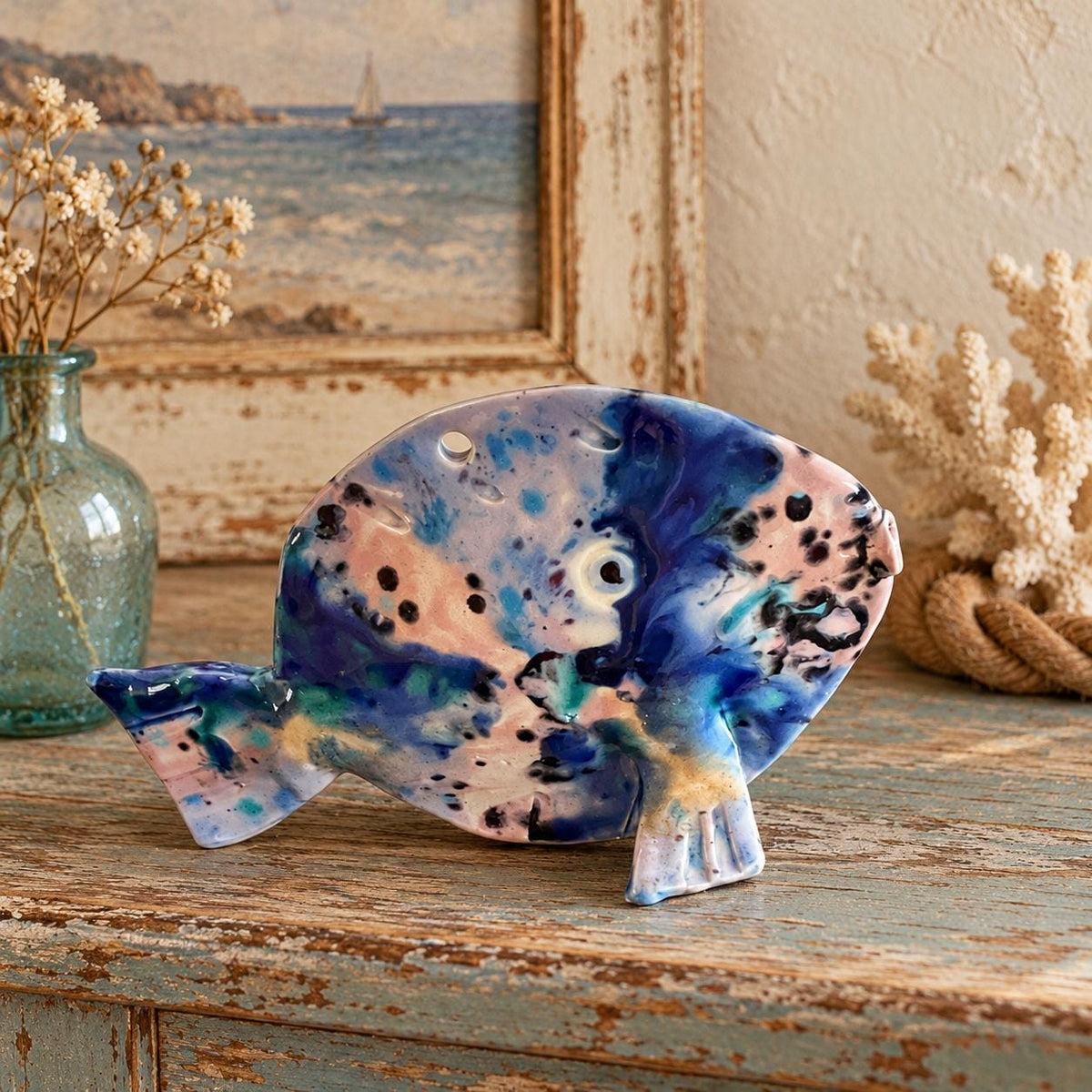 Hand crafted pottery fish sculpture with marbled blue and white glaze