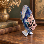 Hand crafted pottery fish sculpture with marbled blue and white glaze