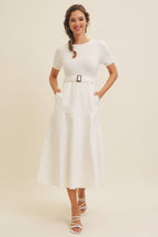 DELANEY- Super Soft White Mixed Media Sweater Midi Dres with Belt