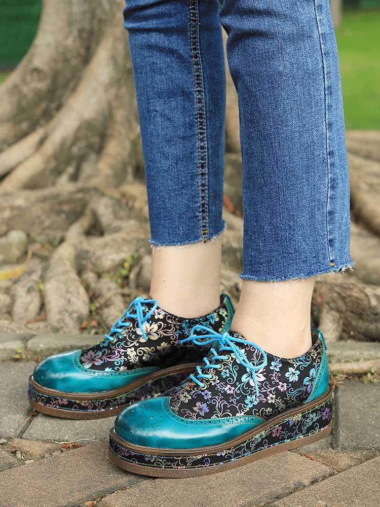 Handmade Genuine Leather Art Nouveau Flat Platform Shoes