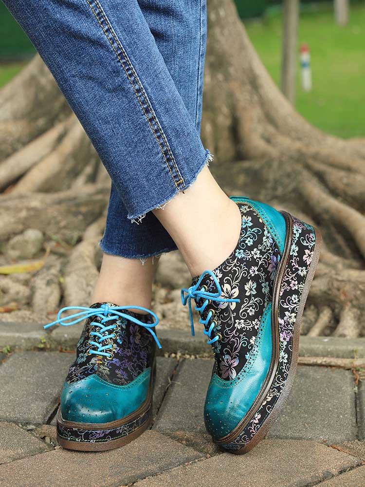 Handmade Genuine Leather Art Nouveau Flat Platform Shoes