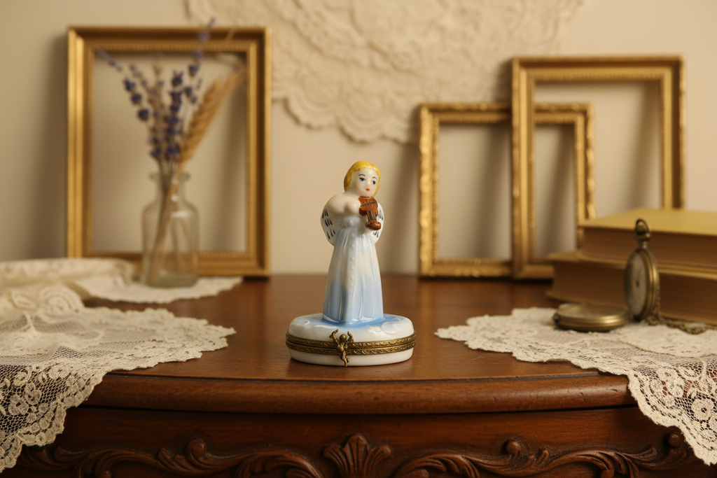 Decorative figurine of a woman playing a violin on a white base against a white background