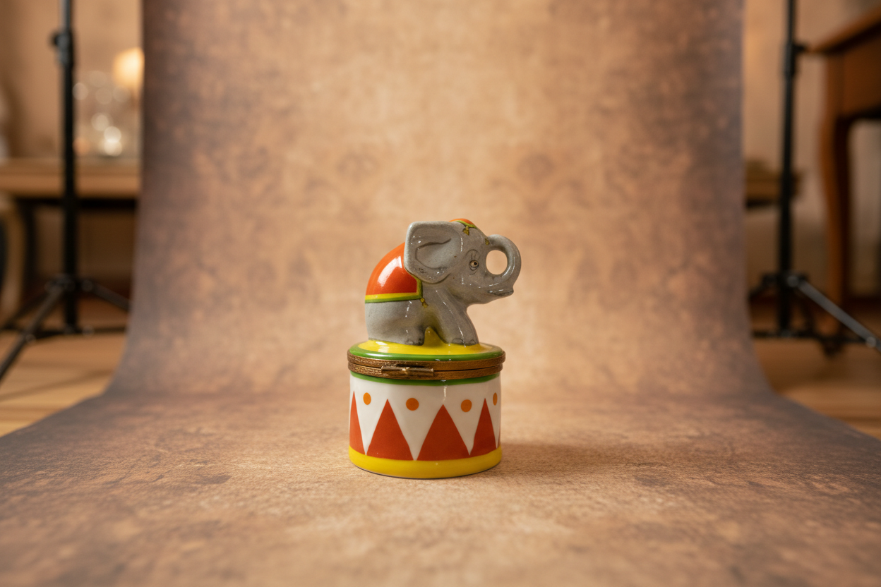 Decorative figurine of an elephant on a circus-themed hat with a white background